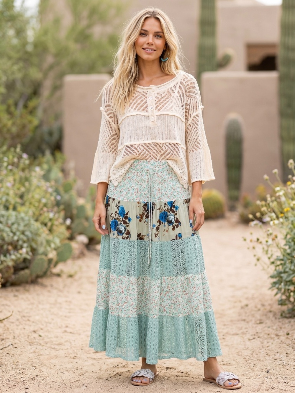 POL Sage Green Boho Patchwork Maxi Skirt | Floral Lace Tiered Flowy Pull On - Picture 7 of 7
